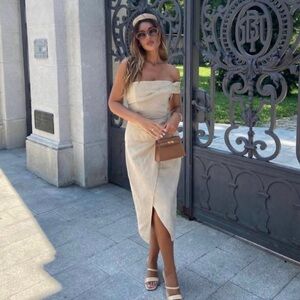 Zara Dress Linen Asymmetrical Khaki